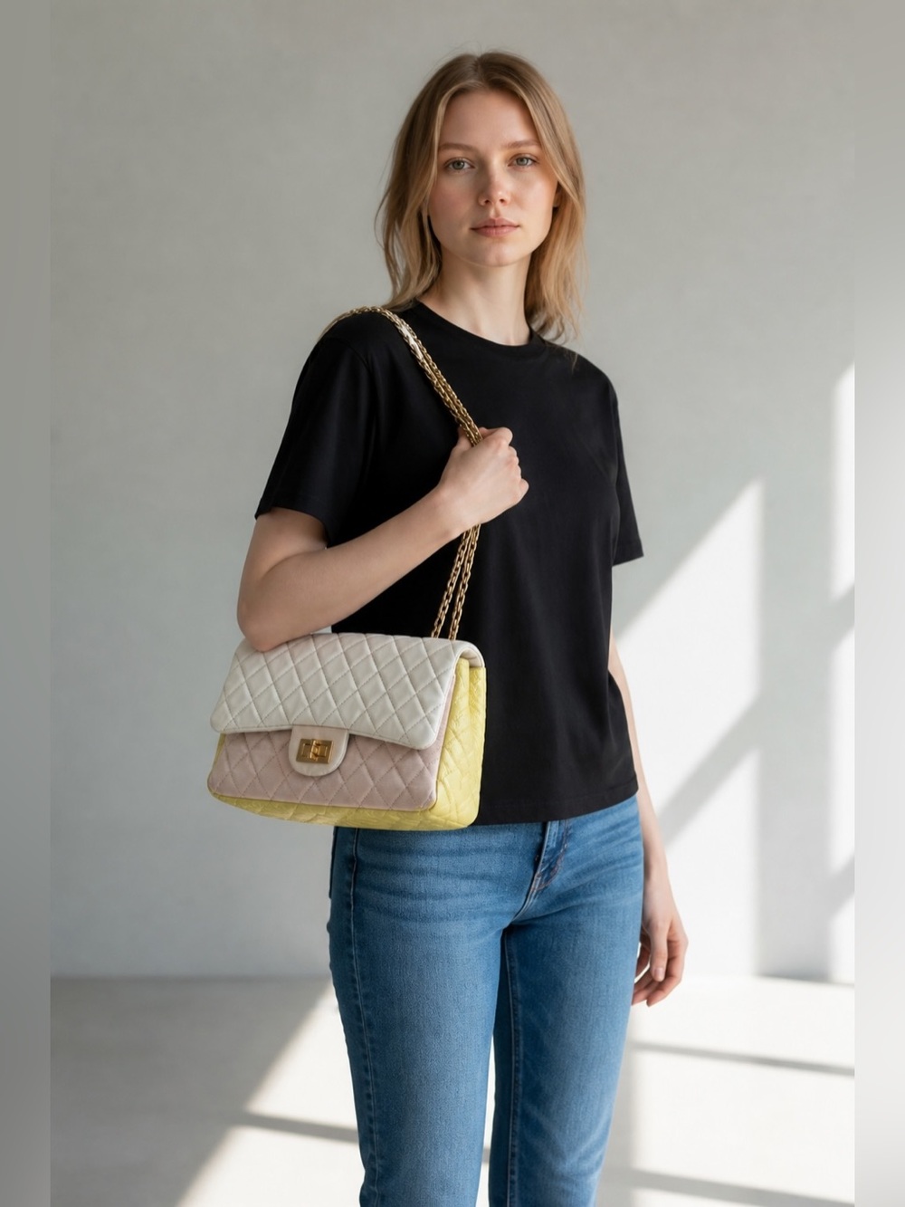 CHANEL Single Flap Elegant Quilted White and Gold Chain Shoulder Bag